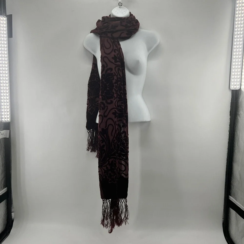Valerie Stevens Velvet Burnout Scarf Burgundy Silk Damask Fringe Wrap Whimsigoth